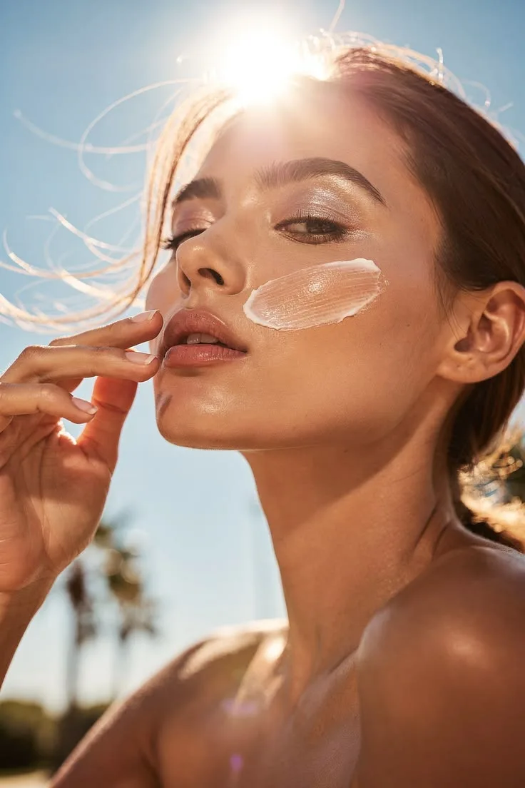 Woman applying a creamy cleanser in warm sunlight