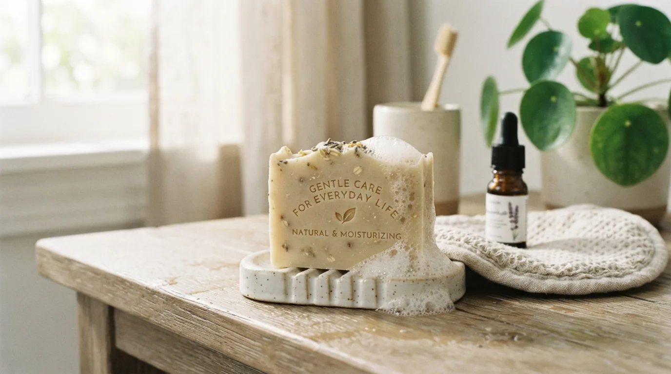 Handmade soap bars arranged in a sunlit, natural bathroom